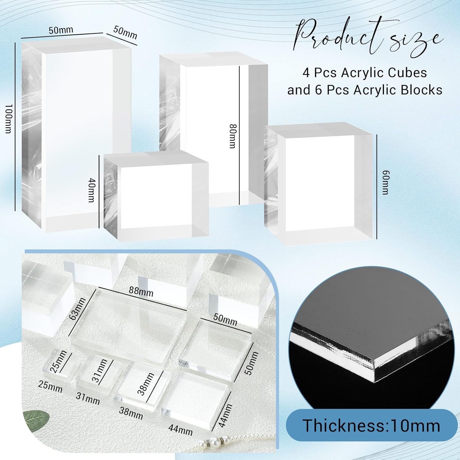 ODM Marsui 10 Pcs Acrylic Cubes for Display Product Photography Props Transparent Acrylic Block Set for Boutique Jewelry Cosmetic Crafts Closet Show Custom Logo Service