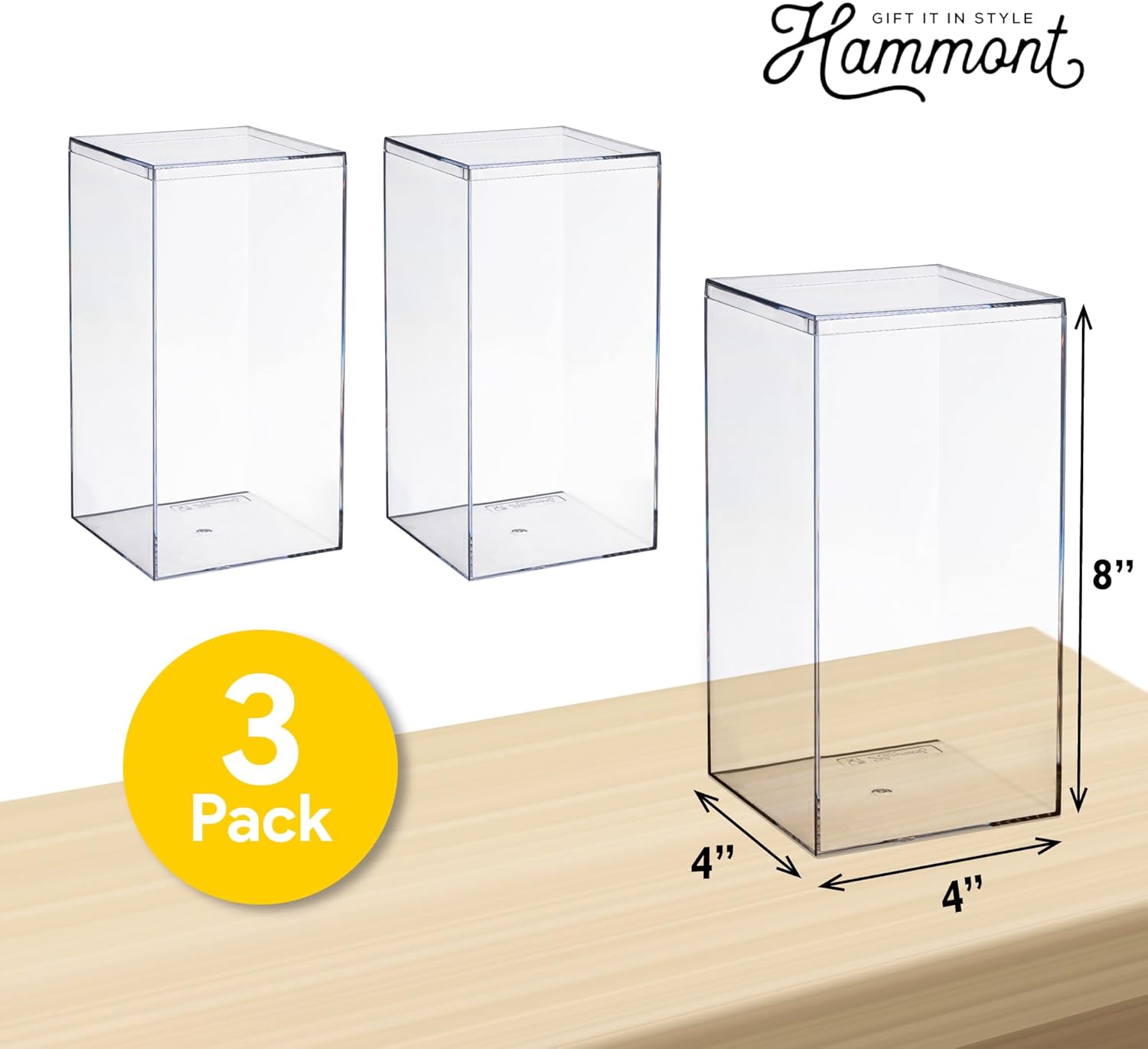ODM Hammont Rectangle Acrylic Box - Shelf Organizer Bins - Clear Storage Containers - Candy Party Favors | Bathroom Storage | Makeup Cosmetic Organization | Tall: 4"x4"x8" (3 Pack) Custom Mold Development