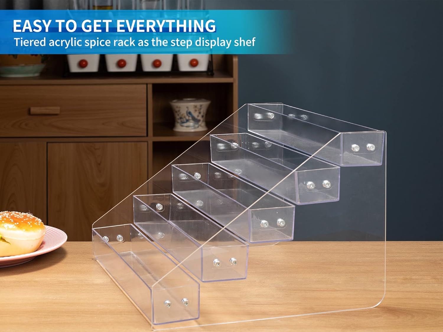 Private Label Tiered Spice Rack Acrylic, Spice Rack Shelf Seasoning Organizer for Countertop, Cabinet, Pantry, Kitchen Storage - 5 Tier Dropshipping Friendly