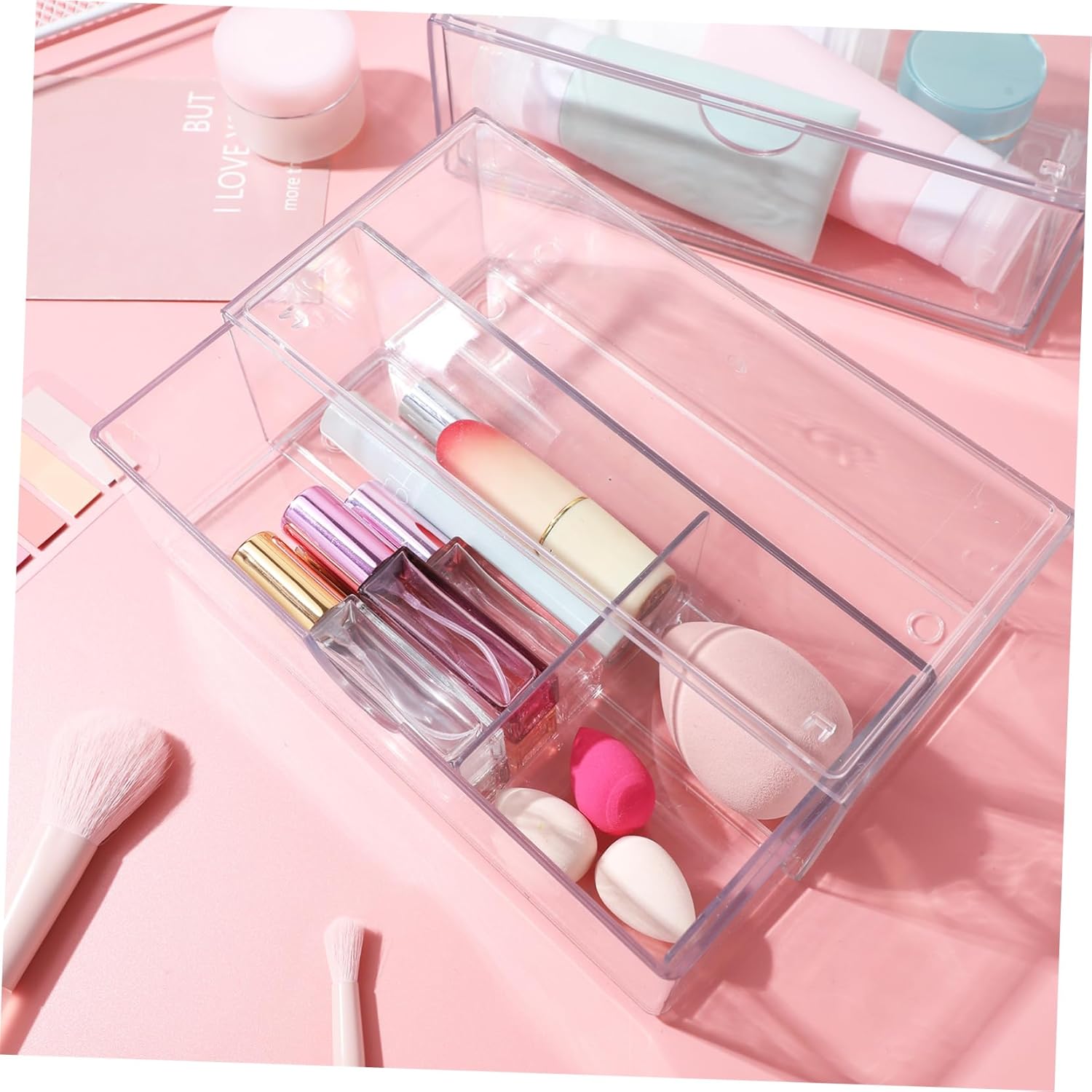 Private Label 3Pcs Clear Makeup Organizer Transparent Vanity Storage Box for Lipsticks Cotton Pads and Cosmetics Stylish and Lidded Makeup Storage for Neat Custom Logo Service