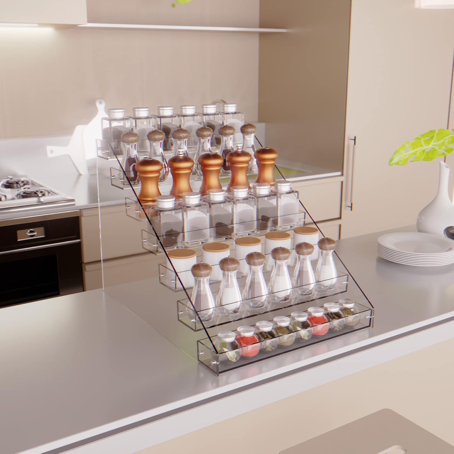 Private Label Tiered Spice Rack Acrylic, 7 Tier Clear Spice Rack Organizer for Cabinet, Vertical Spice Rack Shelf Durable Kitchen Seasoning Organizer for Countertop, Cabinet, Pantry, Kitchen Storage (7 Tier) Dropshipping Friendly