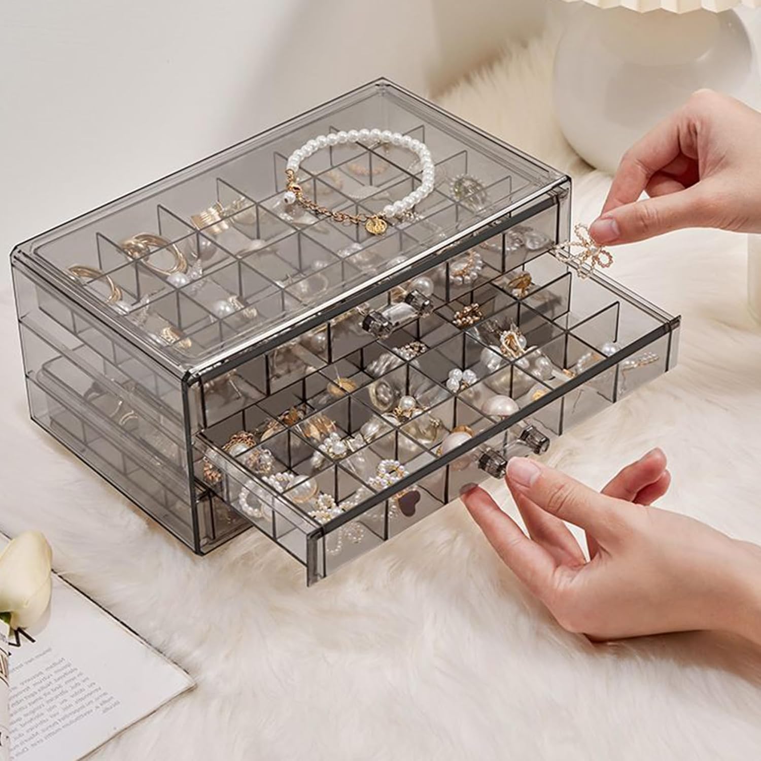 Direct Manufacturer Grey Acrylic Earring Storage Organiser with 3 Drawers - Jewelry Box for Rings, Earrings, Necklaces, Makeup - Adjustable Earring Holder and Cosmetic Organizer (Grey) Low MOQ