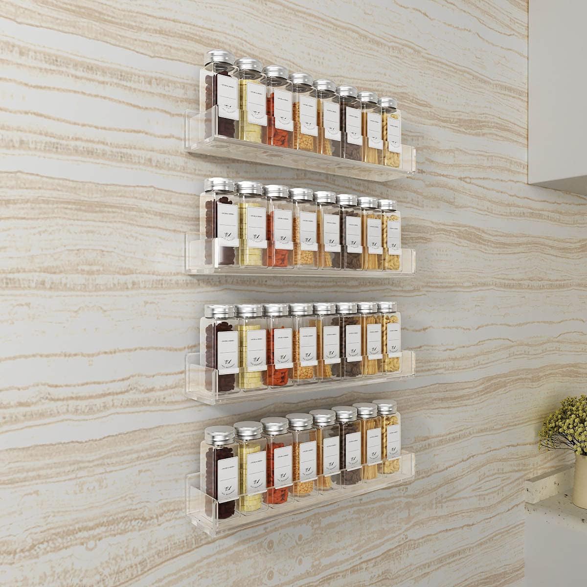 Private Label FEMELI Acrylic Wall Mount Spice Rack - 15 Inch, 4 Pack Hanging Spice Rack Shelf for Cabinets, Cupboard or Pantry Door, Kitchen Organizer Dropshipping Friendly