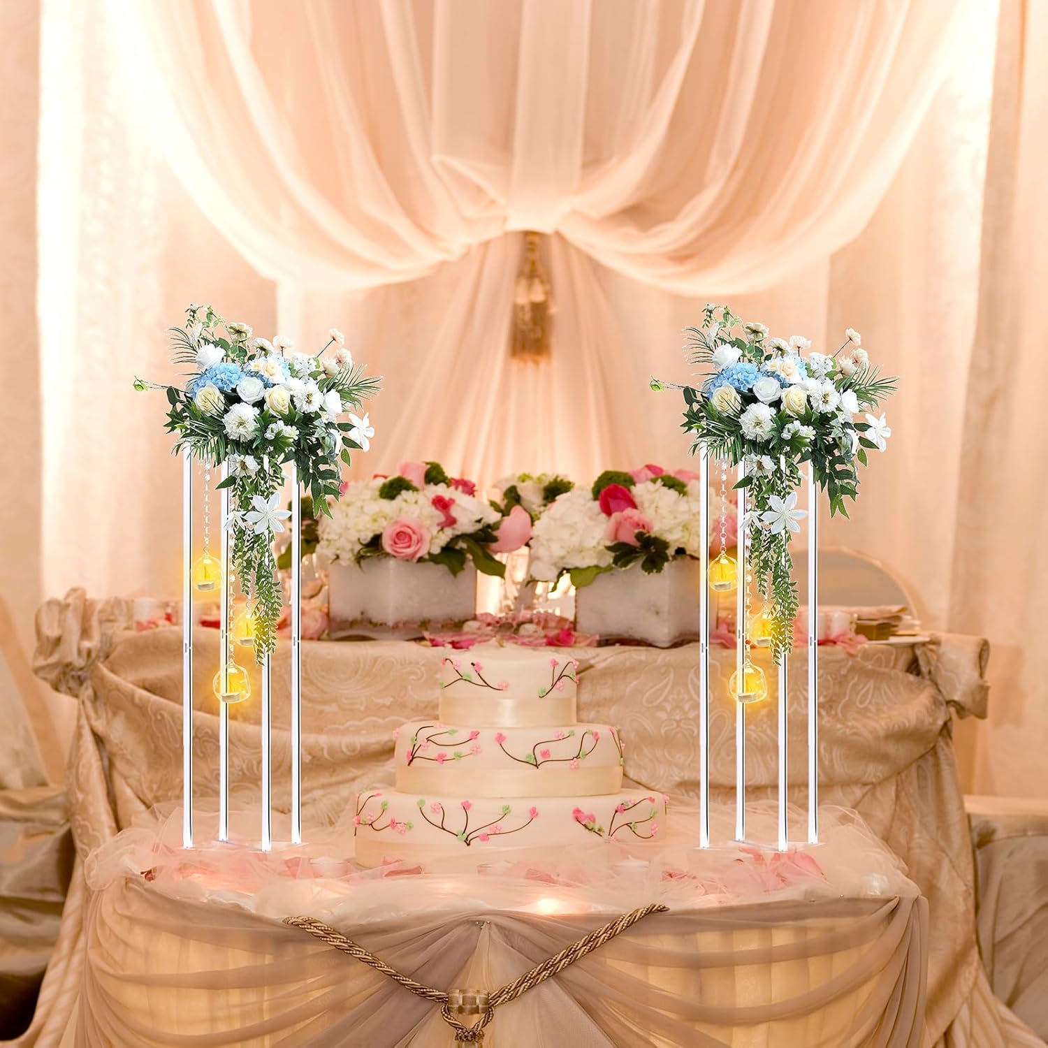 Private Label Clear Acrylic Vases Flower Stand Wedding Centerpieces with Hanging Glass Tealight Globe Candle Holders for Event Party Table Decoration Display Rack Column (2, 32 inch) OEM Wholesale Manufacturer