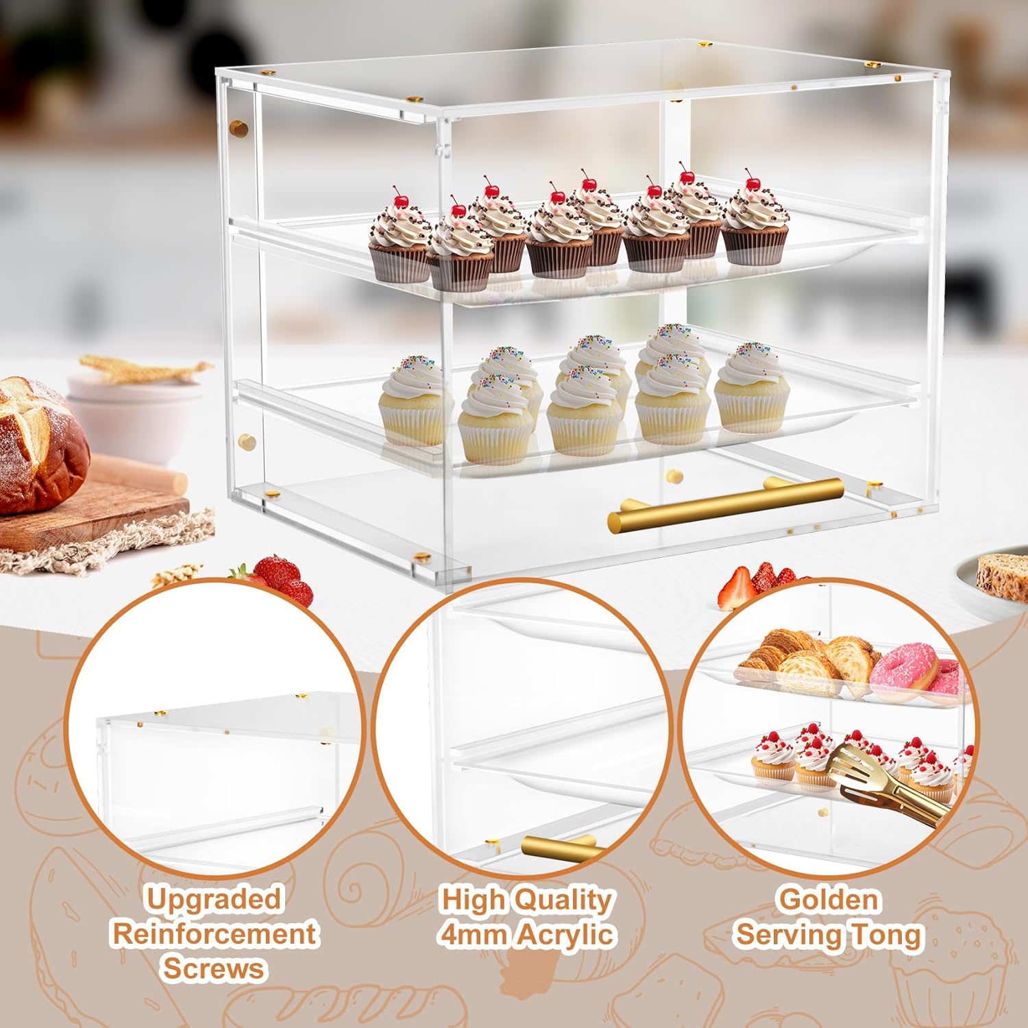 Wholesale OEM ODM Pastry Display Case, Cookie Display Case 2 Tray Commercial Countertop Bakery Display Case with Front Doors, Acrylic Pastry Case for Exquisite Dessert Display, Cookie Display Factory & Supplier