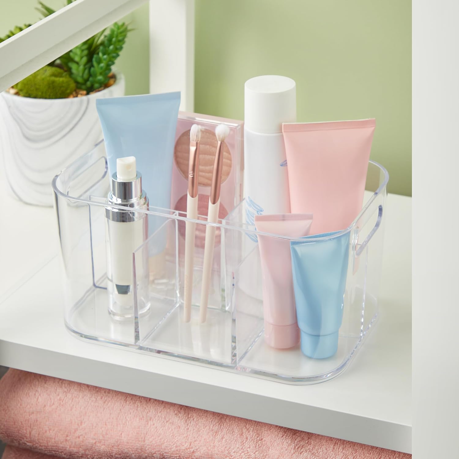Private Label STORi Bliss 5-Compartment Plastic Cosmetics Storage Organizer | Clear | Rectangular Divided Makeup Bin & Vanity Caddy with Pass-Through Handles | Round Corner Design | Made in USA Factory Direct Price