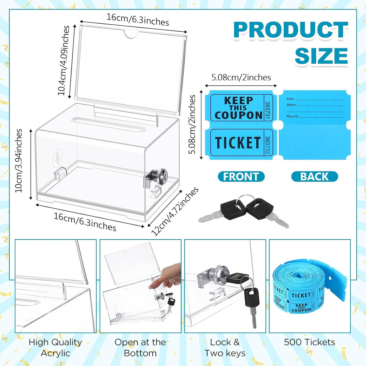 Private Label Havawish Enter to Win Raffle Ticket Box with 500 Raffle Ticket Double Roll and Slot Clear Acrylic Donation Box with Lock 6.3" x 4.7" x 3.9" Ballot Holder with 2 Keys for Game Suggestion(Blue) Custom Mold Development
