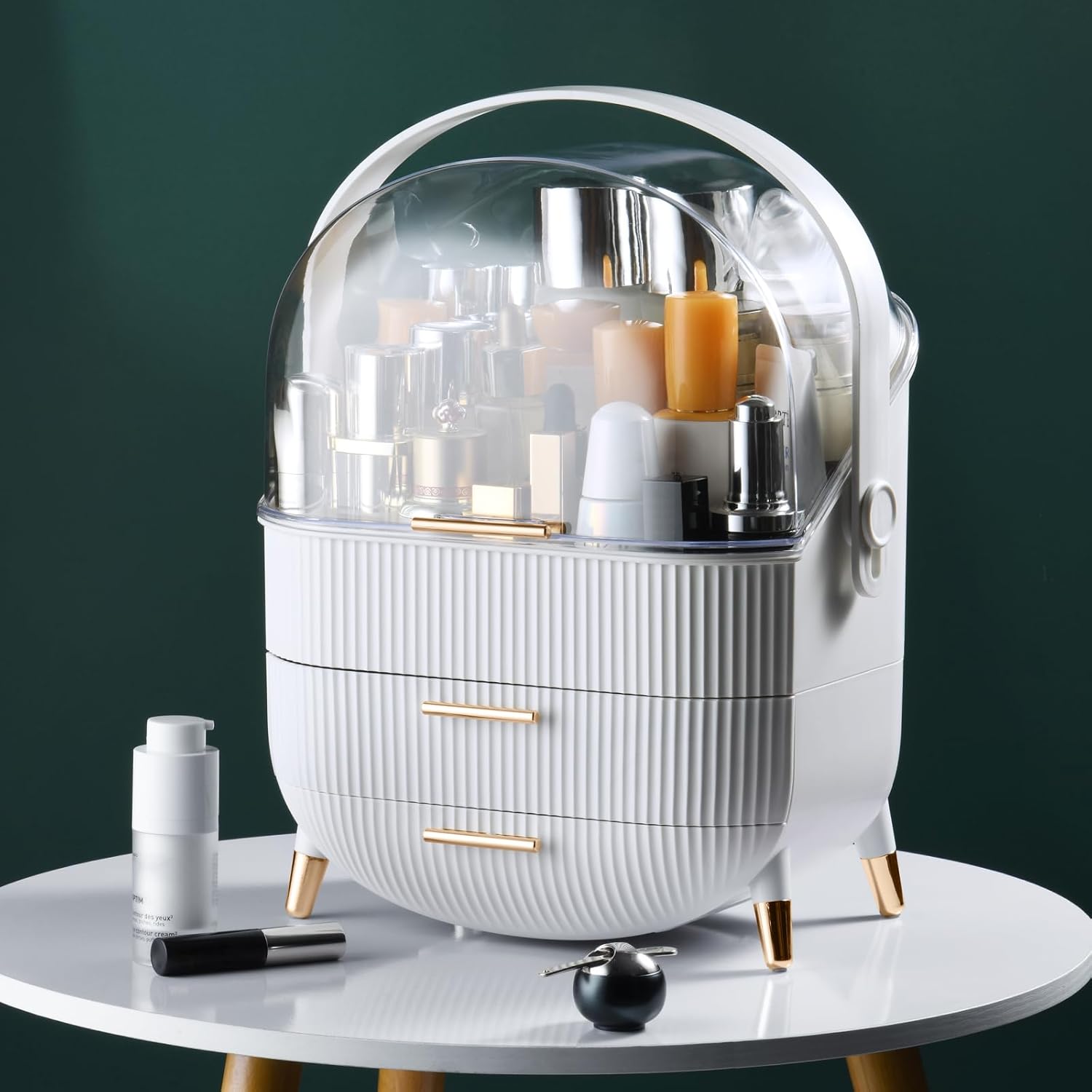 Private Label CANITORON Makeup Organizer,Skincare Organizer with 2 Drawers and Transparent Cover,Cosmetic Display Case for Vanity Organizer and Bathroom Countertop Storage.(White) Custom Logo Service