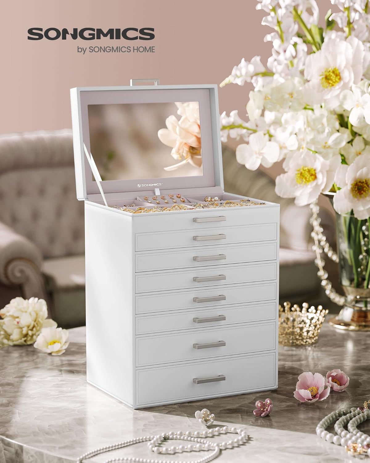 Direct Manufacturer SONGMICS Jewelry Box, 8-Tier Jewelry Organizer, Large Jewelry Case with Big Mirror, 7 Drawers, Large Capacity, Jewelry Storage, Modern Style, Gift for Loved Ones, White UJBC008W02 Low MOQ