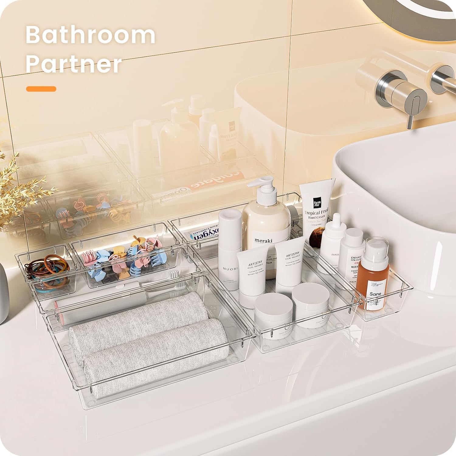 Private Label A-LuGei 【Crystal Design】 Clear Drawer Organizer,【Military Grade】 Acrylic Makeup Organizer, Bathroom Organizers and Storage, Organization and Storage, Organizer Bins for Office Vanity Kitchen Bedroom Factory Direct Price