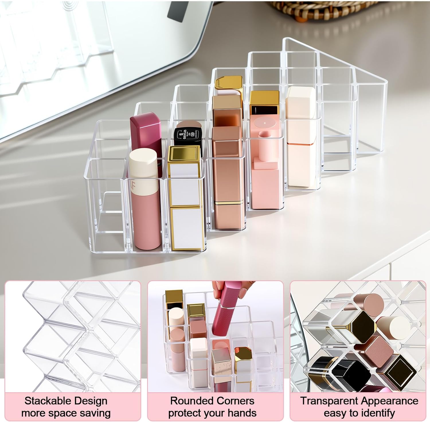 Private Label Hoolerry 4 Pack Acrylic Lipstick Holder Organizer 112 Slots Clear Lip Gloss Holder Organizers Stackable Fish Shape Lipsticks Tower Lipstick Case Display Stand Storage Box for Makeup Cosmetic Vanity Custom Logo Service