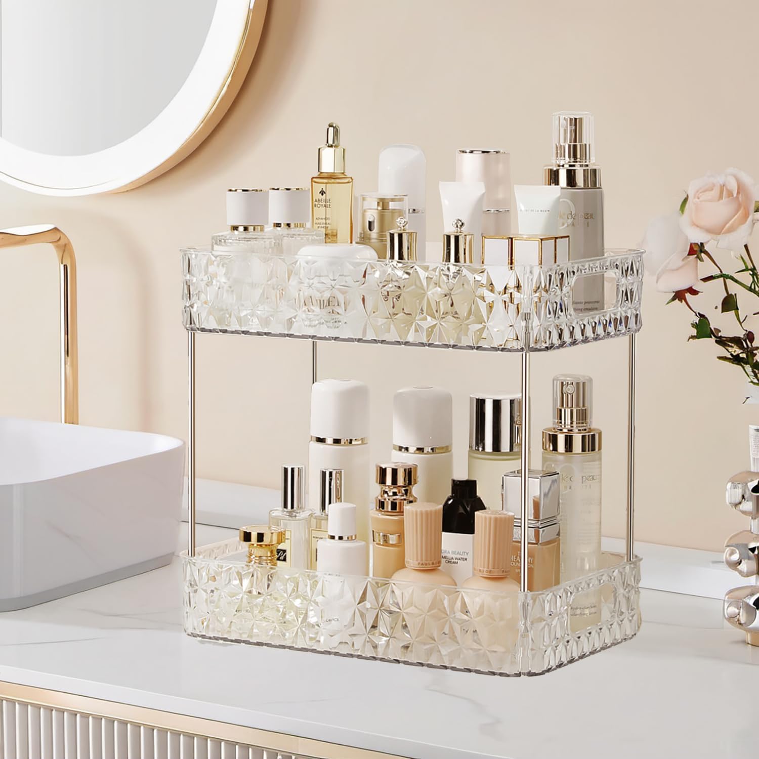 Makeup Organizer for Vanity, High-Capacity Clear Makeup Storage Perfume Organizers,Cosmetic Display Cases,Bathroom Countertop Organizer(Crystal Clear, 2Tier)