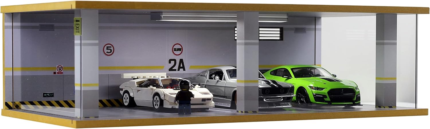 1/24 Scale Die-cast Car Garage Display Case with Clear Acrylic Cover and LED Lighting for 4 Parking Space (1:24-4 Parking 2A)