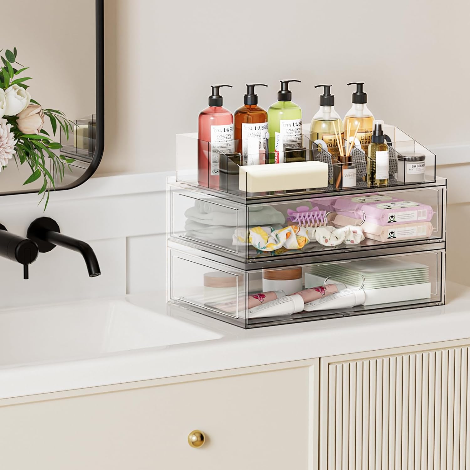 Private Label Clear Stackable Makeup Organizer with Drawer, 12''W Acrylic Storage Drawers, Cosmetic Display Case for Vanity Bathroom Countertop, Beauty Holder for Lipstick Brush Skincare Perfume Factory Direct Price