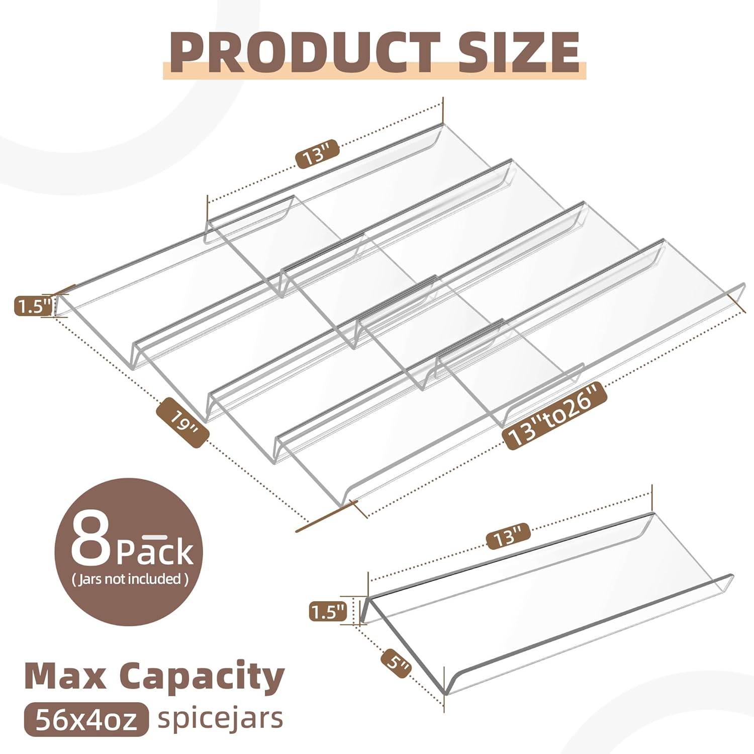 Private Label Goabroa Expandable Spice Organizer, 8 Pack 4 Tier Clear Spice Rack, 13" to 26" Wide, Kitchen Spice Organization for Drawer/Countertop Dropshipping Friendly