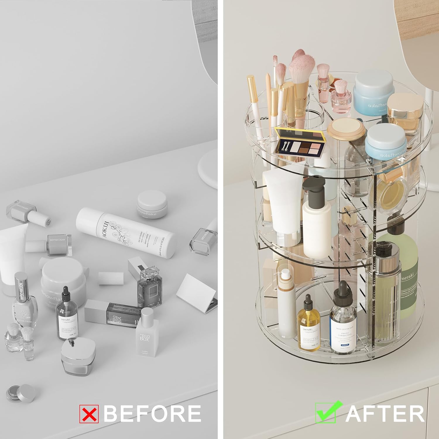Private Label Rotating Makeup Organizer, DIY 8 Adjustable Layers Spinning Skincare Organizer, Cosmetic Display Case with Brush Holder Perfume Tray, Multi-Function Storage Carousel for Vanity Bathroom Countertop Factory Direct Price
