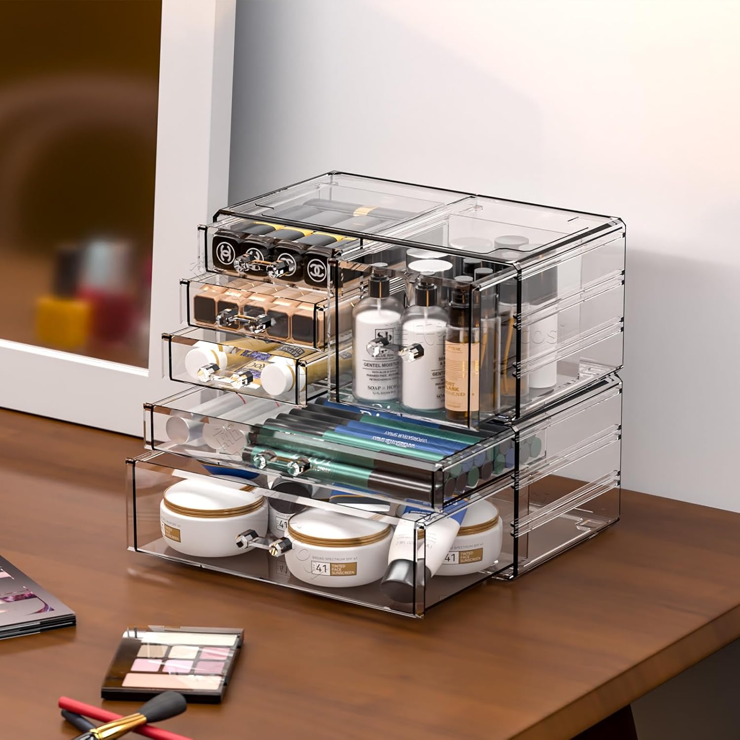 Private Label Cq acrylic 2 Pack Clear Desk Organizer With Drawers,Stackable 6 Drawers Skincare Organizer,Cute Skin Care Organizers for Vanity Hair Clip,Jewelry,Beauty Product Desk and Makeup Organizers Countertop Factory Direct Price