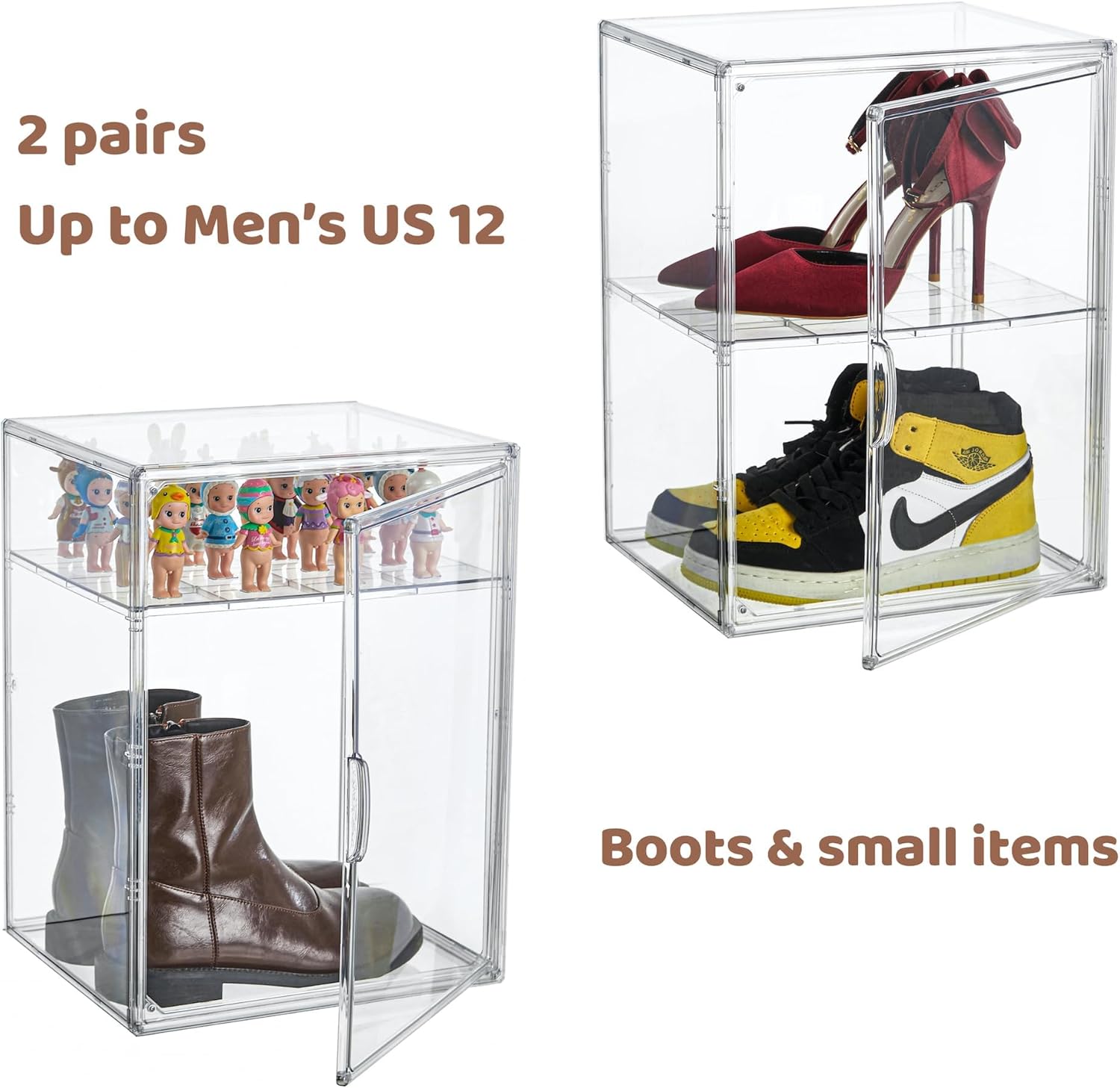 Wholesale OEM ODM Attelite XXX-Large Clear Display Case Stackable Plastic Storage Bins with Lid, 2 Tiers Boot Shoe Box Organizers with an Adjustable Divider, Big Acrylic Display Storage Box with Magnetic Door Factory & Supplier