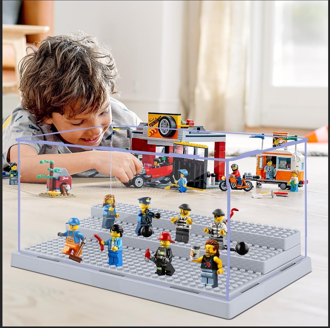 ODM 4 Pack Display Case for Minifigure Action Figures Blocks, Acrylic Minifigure Display Case Box Storage with 3 Movable Steps Gift for Kids Adults (Grey) Custom Mold Development