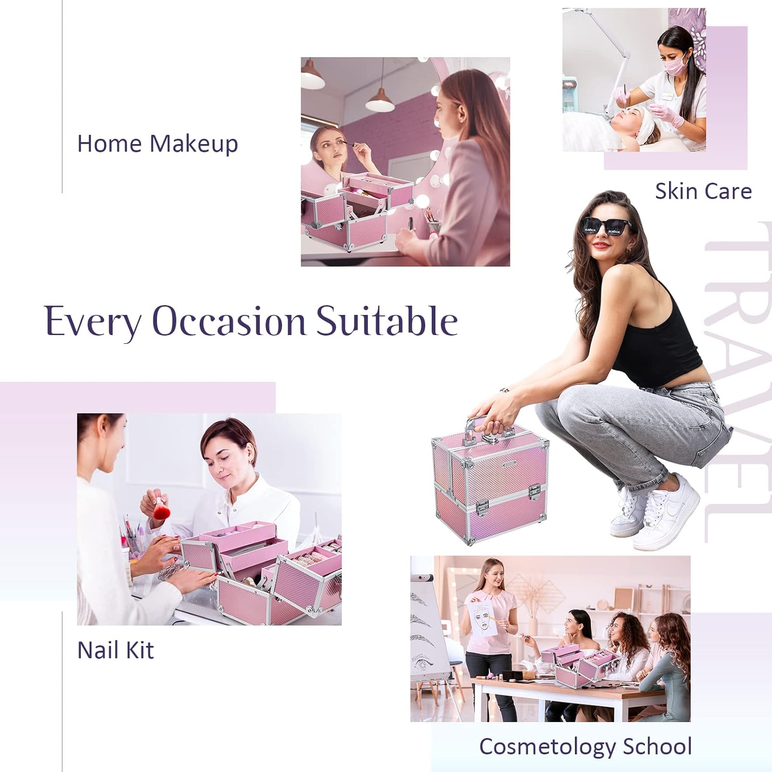 Private Label Frenessa Makeup Case Makeup Box Cosmetic Organizer Case Portable Make Up Artist Travel Case Storage Box 4 Trays with Dividers Lockable Hard Train Case Nail Tech Supply Storage Mermaid Pink Custom Logo Service