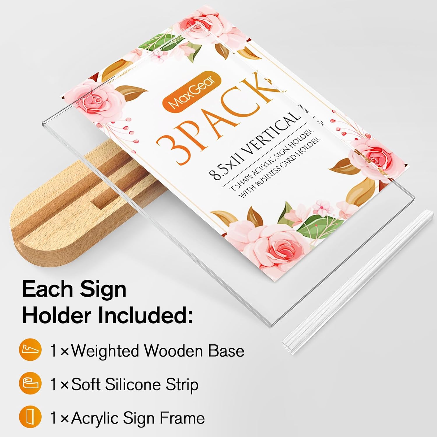 Wholesale MaxGear Acrylic Sign Holder 8.5x11, Clear Table Display Stand With Wood Base, T Shape Slant Back Sign Frame Plastic Paper Holder Detachable Base Table Menu Flyer Stand for Office Store 3 Pack China Factory Bulk Supply