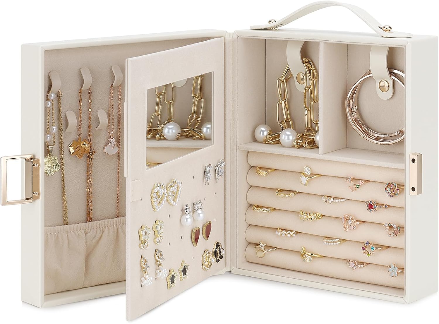 DesignSter Jewelry Box Organizer, Portable Jewelry Storage Box with Mirror, Travel Jewelry Case with Handle for Rings Earrings Bracelets Necklaces(Beige & Pink)