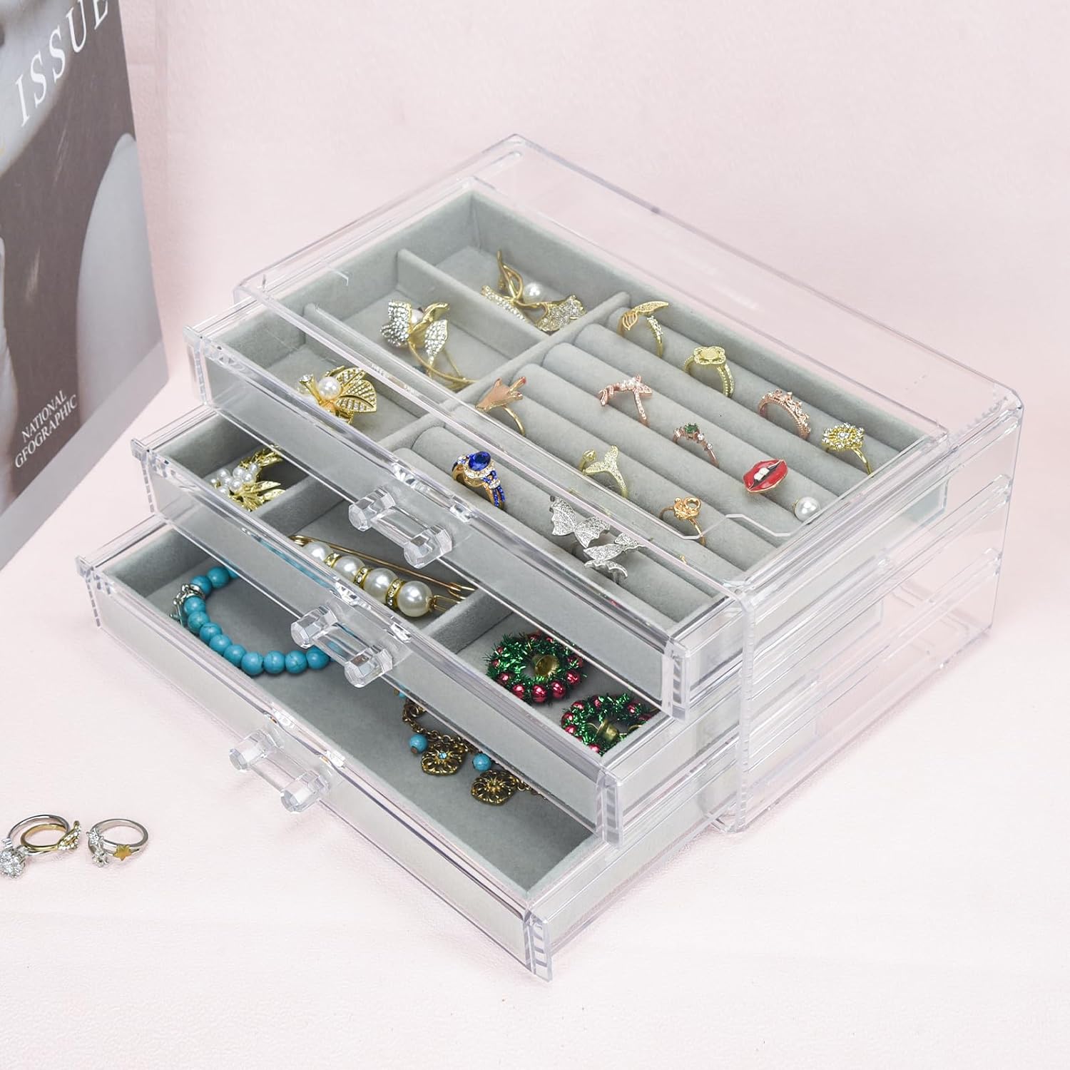 Direct Manufacturer Acrylic Jewelry Box 3 Drawers, Velvet Jewellery Organizer, Earring Rings Necklaces Bracelets Display Case Gift for Women, Girls Low MOQ