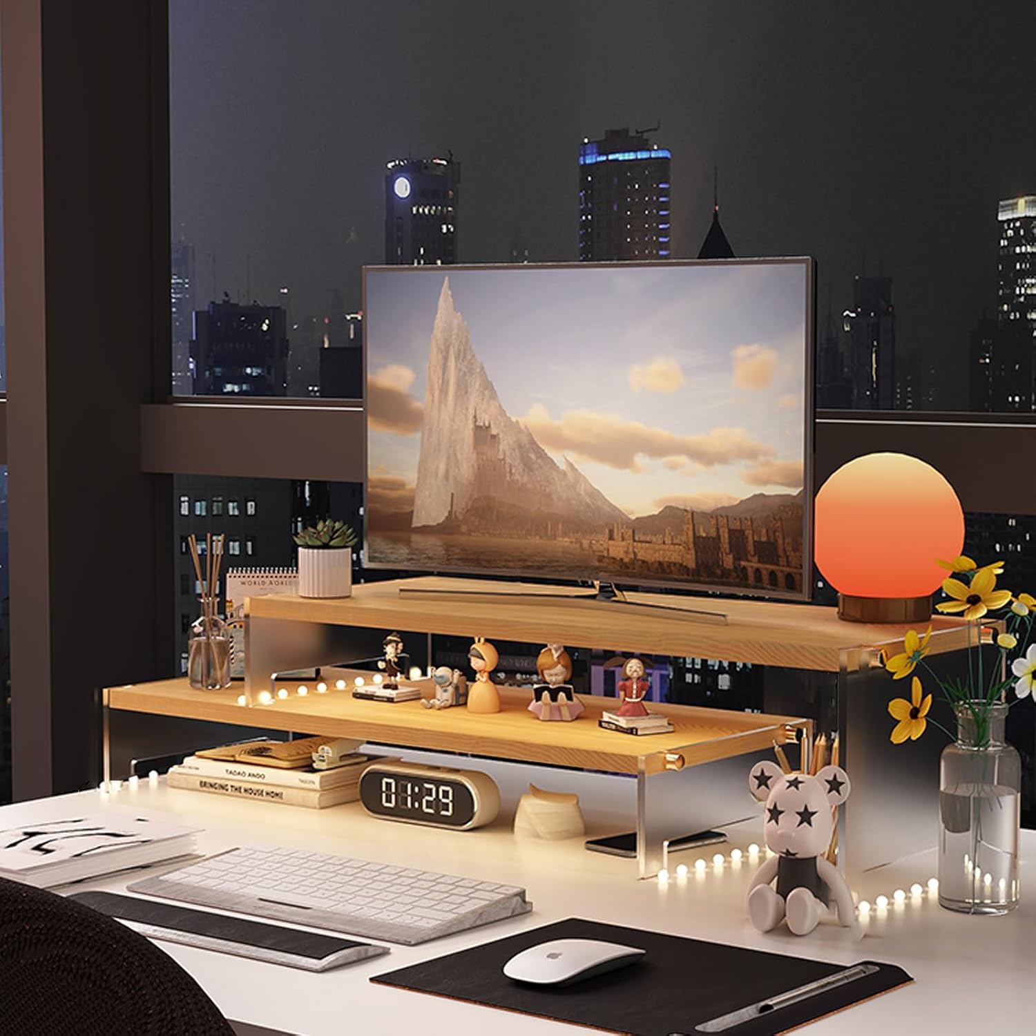 Private Label YGYQZ Wood Adjustable Monitor Riser for Desk, 2 Tier Dual Monitor Stand with Acrylic Legs Office Desk Shelf Organizer for Laptop, PC, Printer, Computer (wood-flat) OEM Wholesale Manufacturer