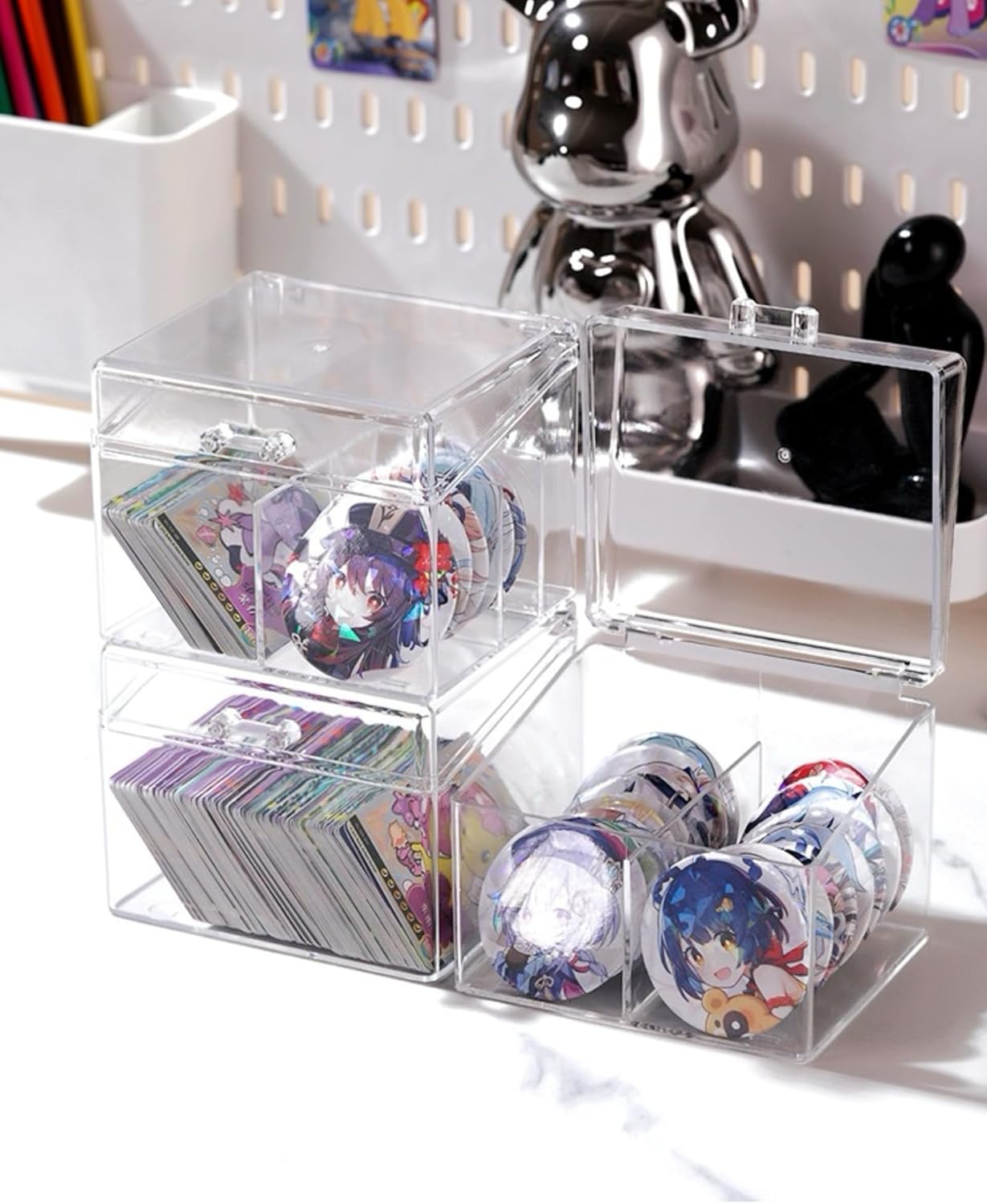 Private Label Clear Acrylic Card Storage Box with Lid and Handle – Stackable Dustproof Display Case for Trading Cards, Makeup, Accessories, and More – Transparent Collector Organizer for Pokémon, MTG, Sports Cards Custom Logo Service