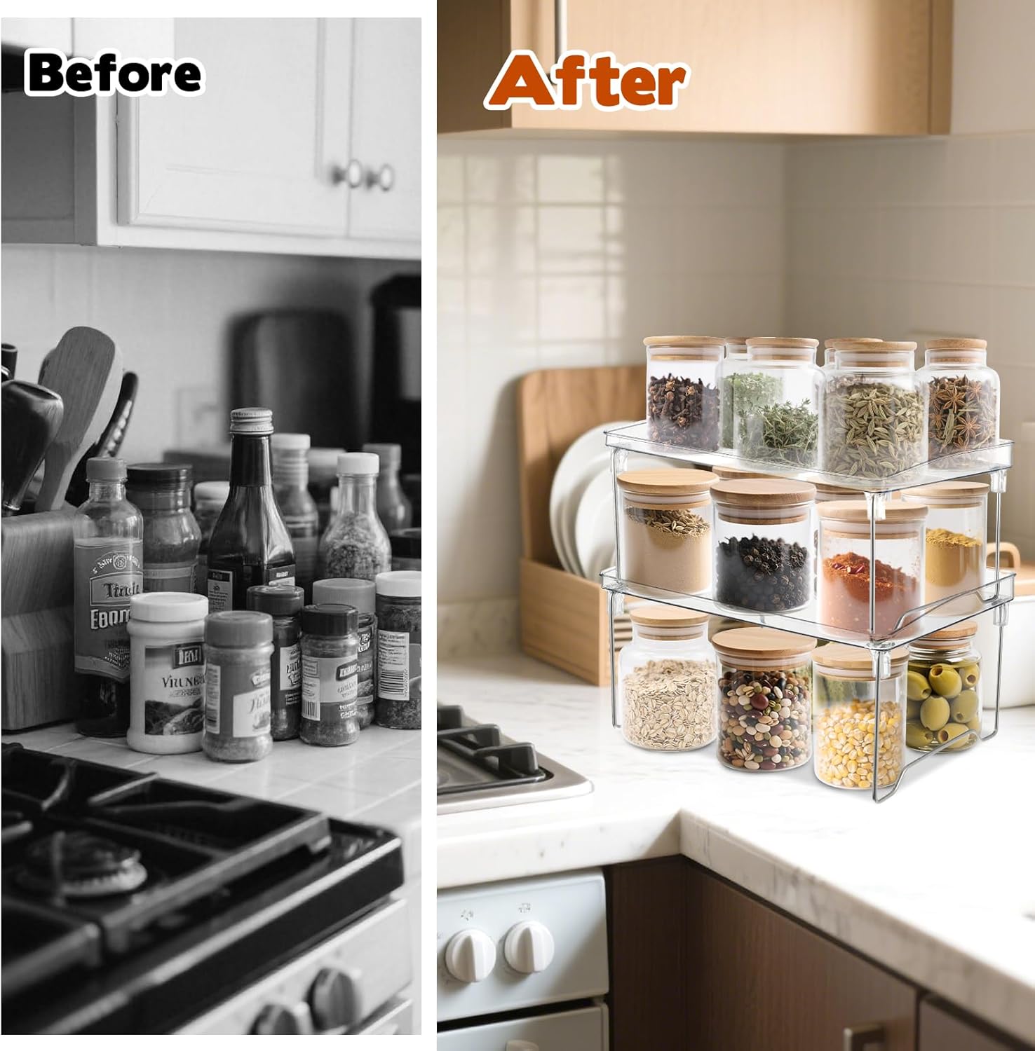 Private Label Rainmae 2 Pcs Spice Rack Organizer, Cabinet Organizer Shelf，Stackable Kitchen Counter Shelves, Countertop Organizers, Clear Plastic Storage Shelves Rack for Makeup Bathroom Desk Pantry Organization Dropshipping Friendly
