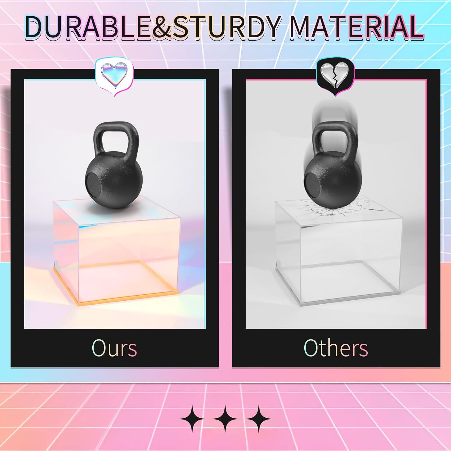 Private Label 3Pcs Iridescent Acrylic Display Risers with LED light, Acrylic Cube Box Rainbow Display Stand with Hollow Bottoms for Figures Dessert Jewelry Perfume Handbag Ecommerce Ready Product