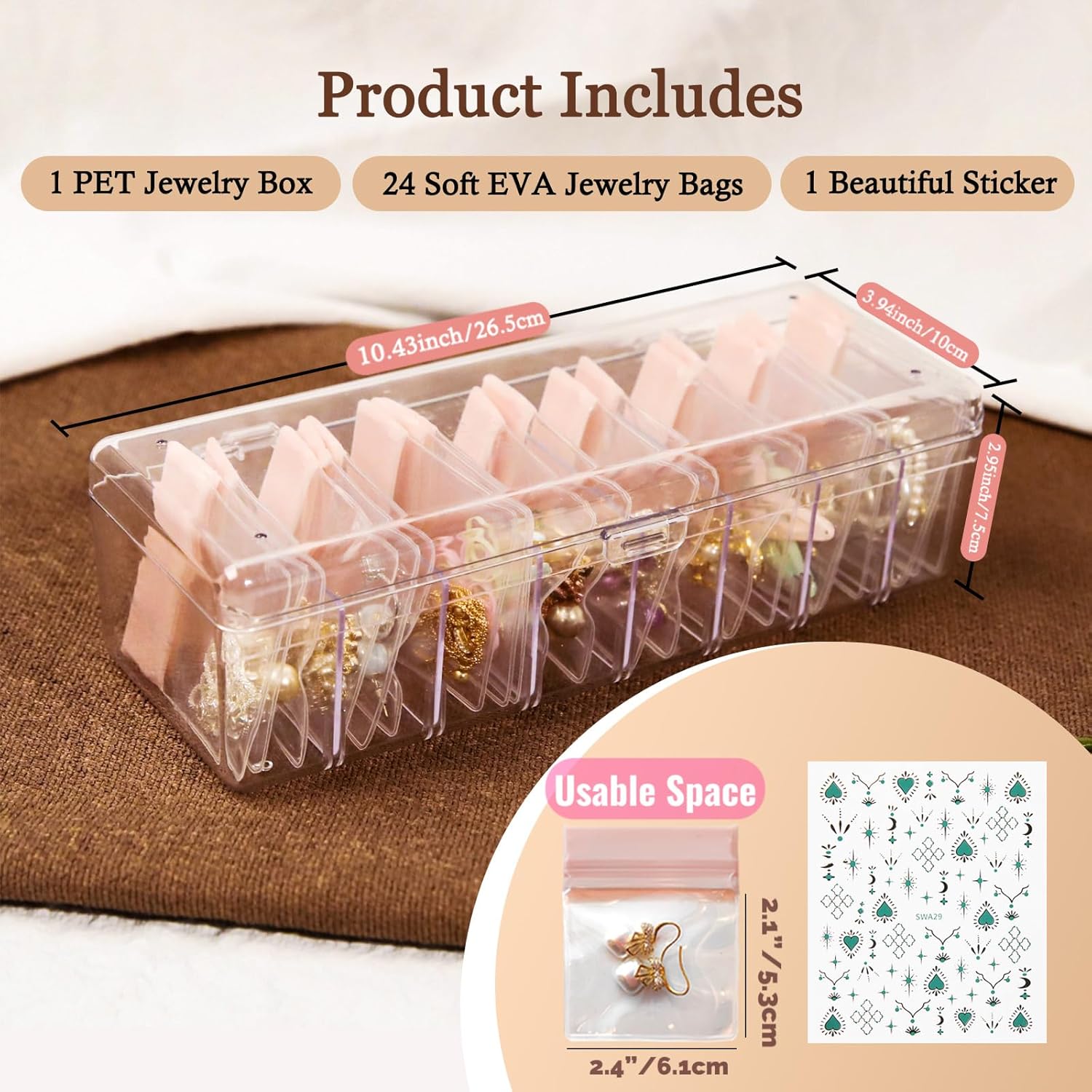ODM Jewelry Organizer and Storage Box with 24 EVA Anti Tarnish Bags, Travel Acrylic Case for Earrings, Necklaces & Rings, Elegant Gift for Women & Girls (Mocha Brown) Custom Mold Development