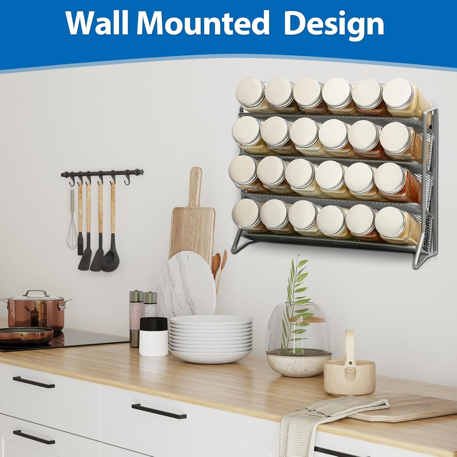 Private Label 2PCS 4Tier Spice Rack for Counter Free Standing,Spice Rack for Inside Cupboard Hanging Wall Mounted Spice Seasoning Organiser Spice Jars Bottle Organizer for Kitchen Pantry（Silver） Dropshipping Friendly