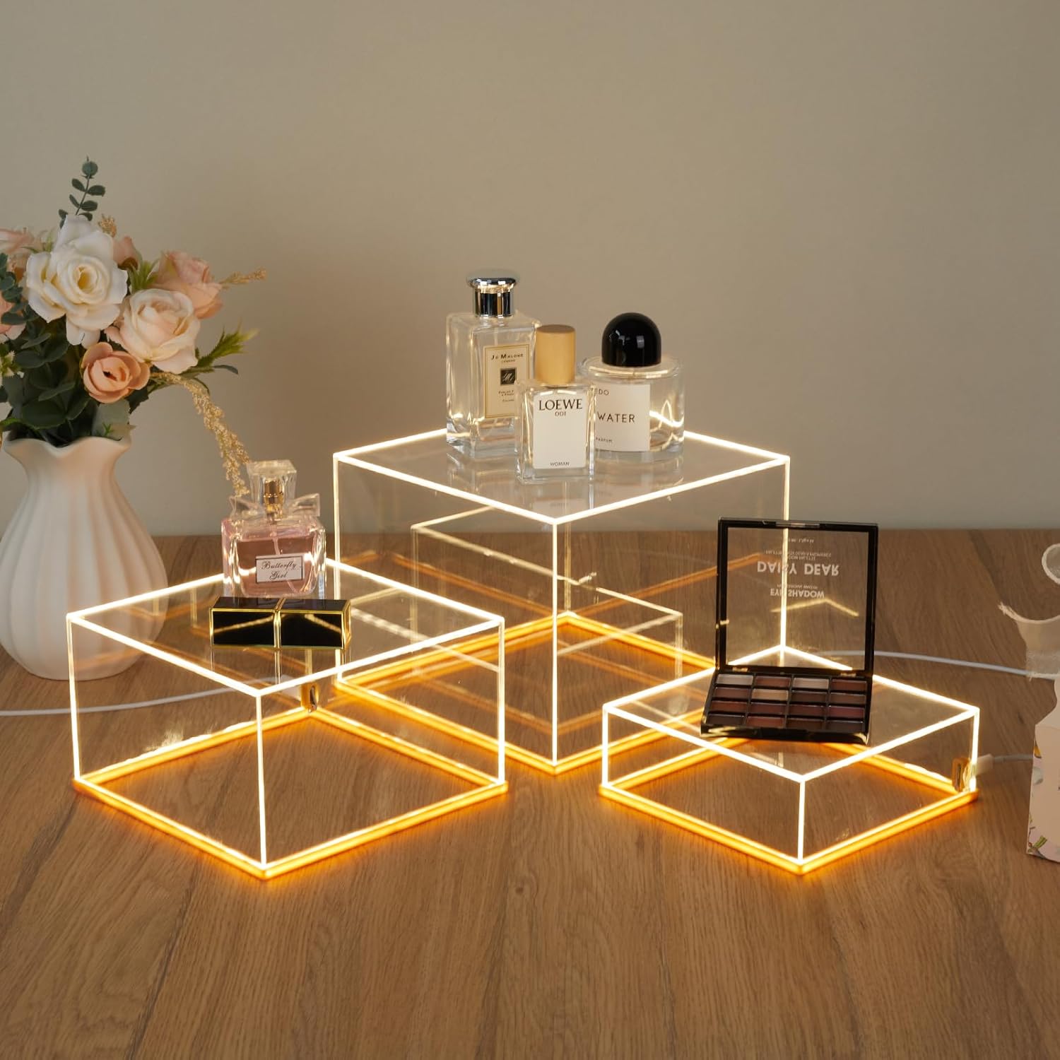 Private Label 3Pcs Acrylic Display Risers with LED light, Acrylic Cube Box Clear Display Stand with Hollow Bottoms for Figures Dessert Jewelry Perfume Handbag (Clear-3pcs) Ecommerce Ready Product