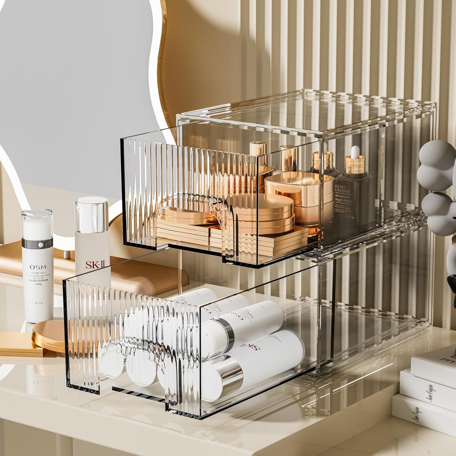 Private Label ZHIAI 2 Pack Clear Stackable Cosmetic Organizer, Acrylic Drawer, Plastic Organizer for Dresser, Vanity, Kitchen Cabinet, Pantry, Home Organization and Storage Custom Logo Service