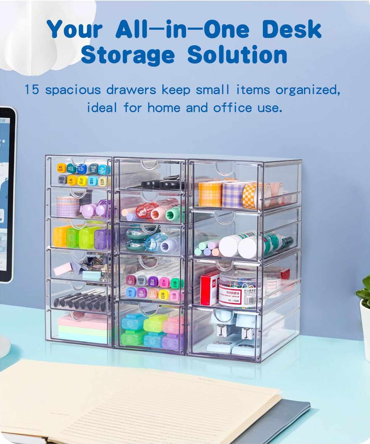 Private Label Clear Acrylic Organizer with Drawers | 15-Drawer Desktop Unit | Makeup & Desk Organization and Storage Box for Office, Craft, Vanity Table, Bathroom, Home Essentials Custom Logo Service