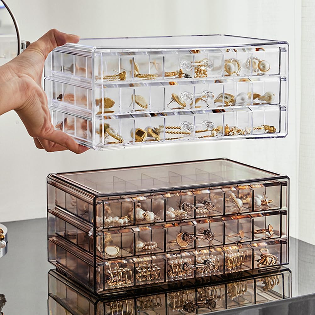 Direct Manufacturer Earring Organizer Box Acrylic Stackable Jewelry Organizer with 3 Drawers 72 Small Compartments Clear Jewelry Display Stand for Stud Earring Ring Pin Display (Transparent) Low MOQ