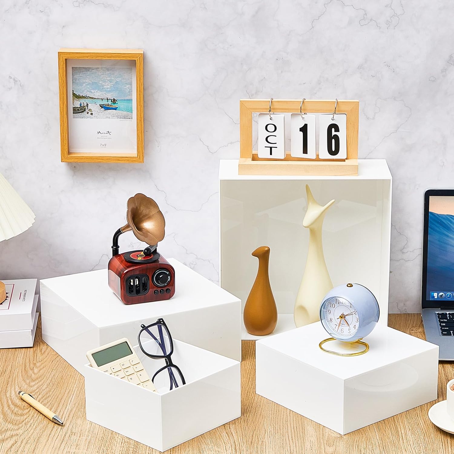 ODM Geetery 4 Pcs Acrylic Cube Acrylic Display Box Pedestal Figure Display Shelf with Hollow Bottom Cube Stand Nesting Plastic Risers for Table(White) Custom Logo Service