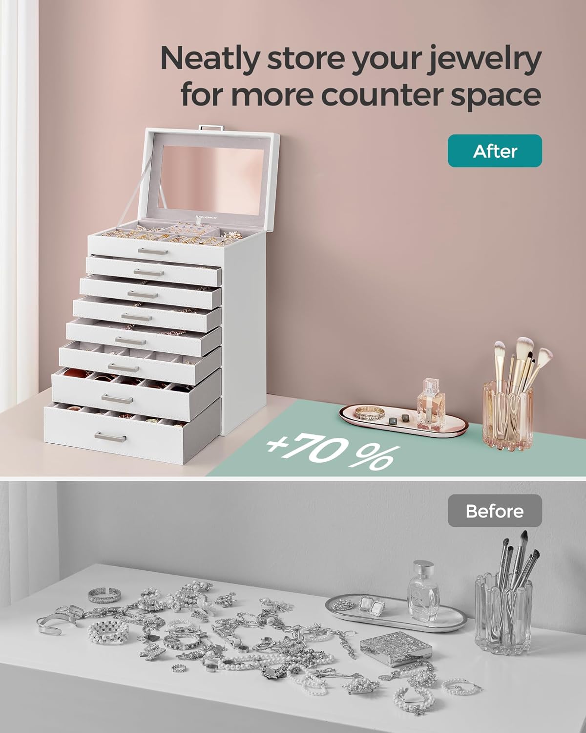 Direct Manufacturer SONGMICS Jewelry Box, 8-Tier Jewelry Organizer, Large Jewelry Case with Big Mirror, 7 Drawers, Large Capacity, Jewelry Storage, Modern Style, Gift for Loved Ones, White UJBC008W02 Low MOQ