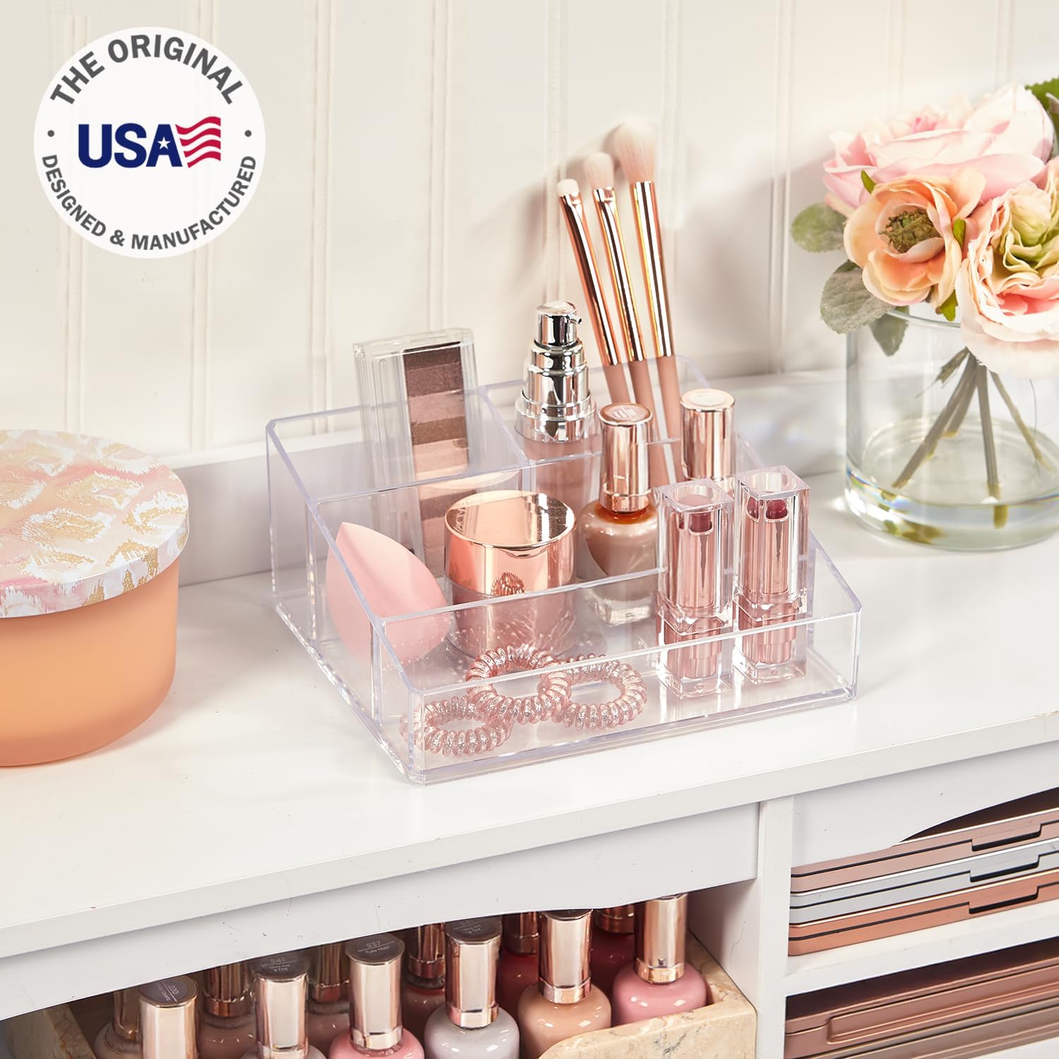 Private Label STORi Clear Plastic Vanity Makeup Organizer | Compact Rectangular 4-Compartment Holder for Brushes, Eyeshadow Palettes, & Beauty Supplies | Made in USA Custom Logo Service