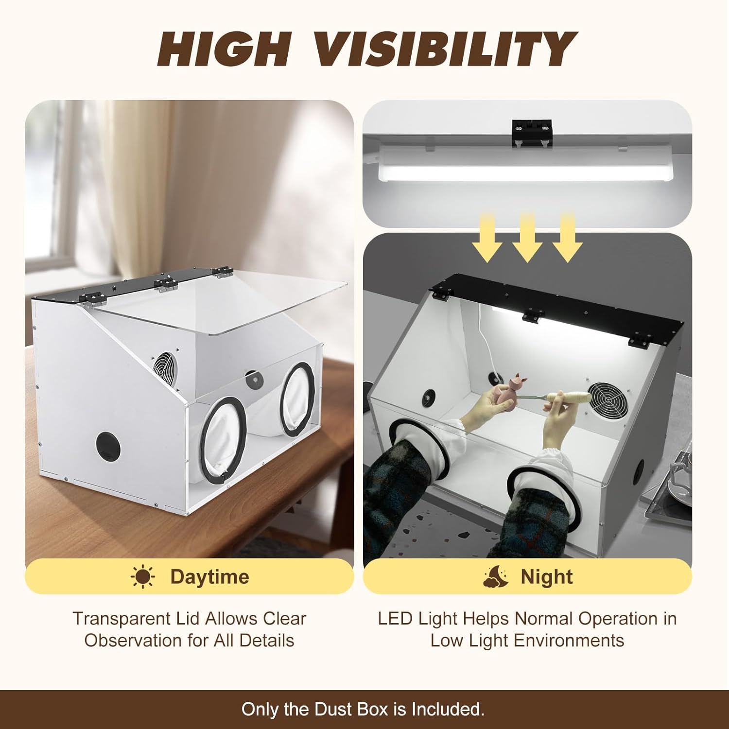 Private Label Fully Enclosed Grinding Table Polisher Dust Box, Acrylic Dust Box Transparent Dust Box Cover,2-Hole Table Polisher Box with Led Light for Polishing Machine, Carving, Cutting, Drilling (2 Holes) Ecommerce Ready Product