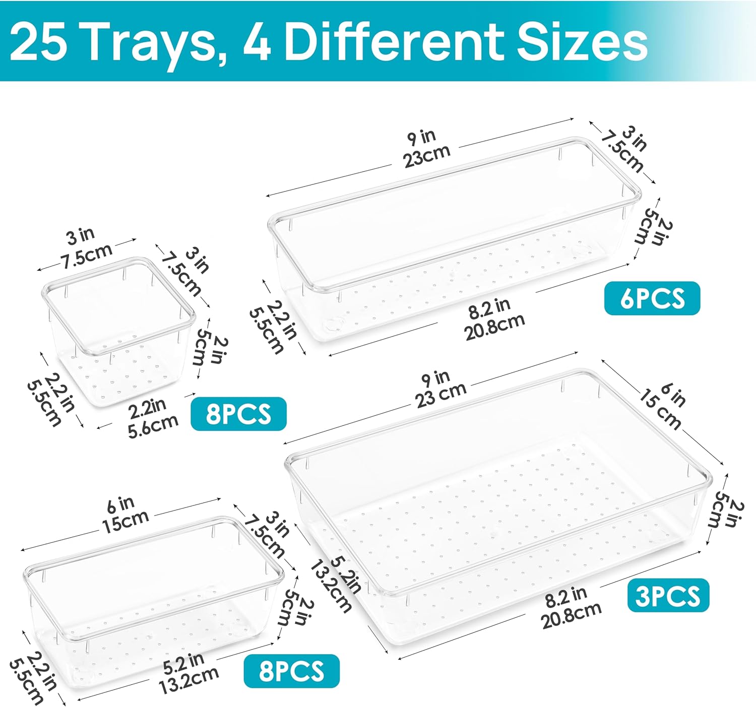 Private Label Vtopmart 25 PCS Clear Plastic Drawer Organizers Set, 4-Size Versatile Bathroom and Vanity Drawer Organizer Trays, Storage Bins for Makeup, Bedroom, Kitchen Gadgets Utensils and Office Factory Direct Price
