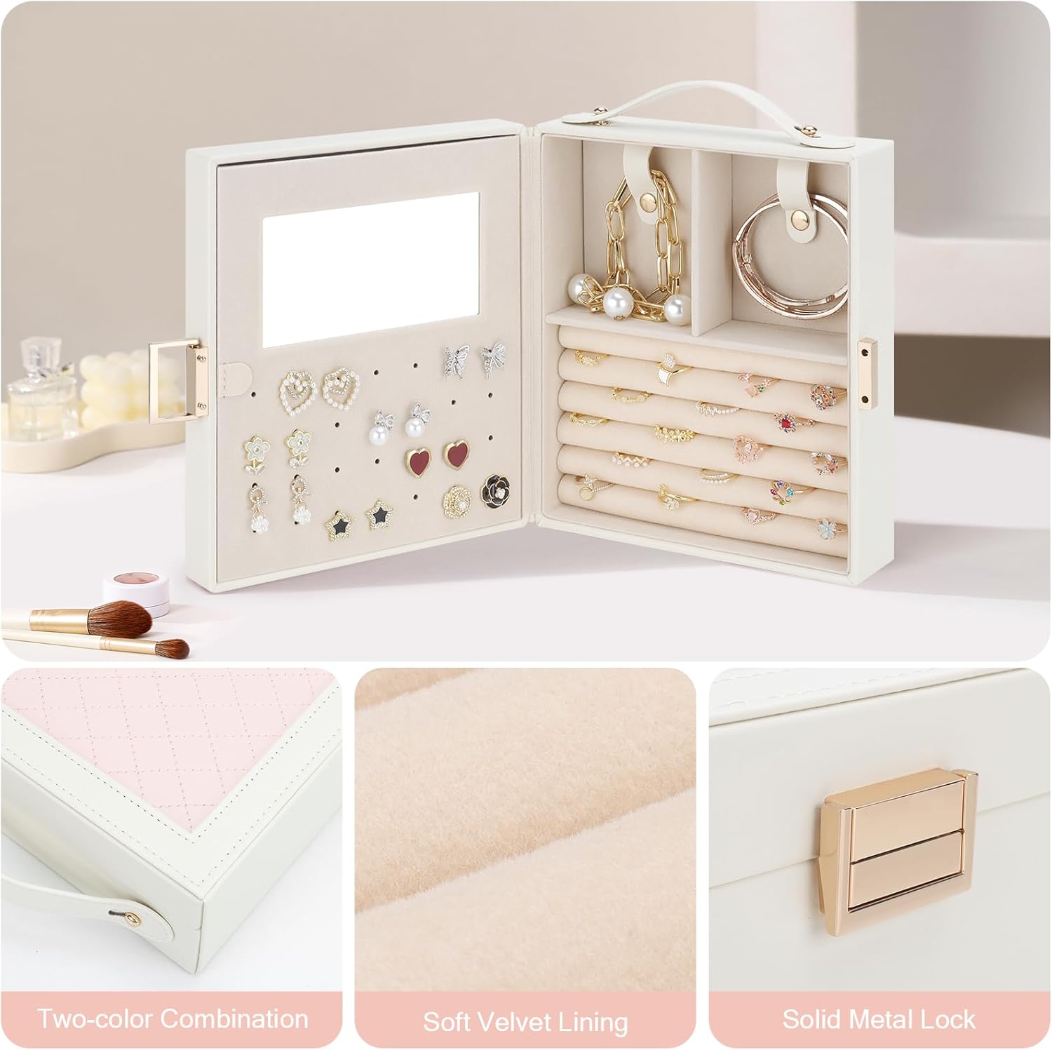 Direct Manufacturer DesignSter Jewelry Box Organizer, Portable Jewelry Storage Box with Mirror, Travel Jewelry Case with Handle for Rings Earrings Bracelets Necklaces(Beige & Pink) Low MOQ