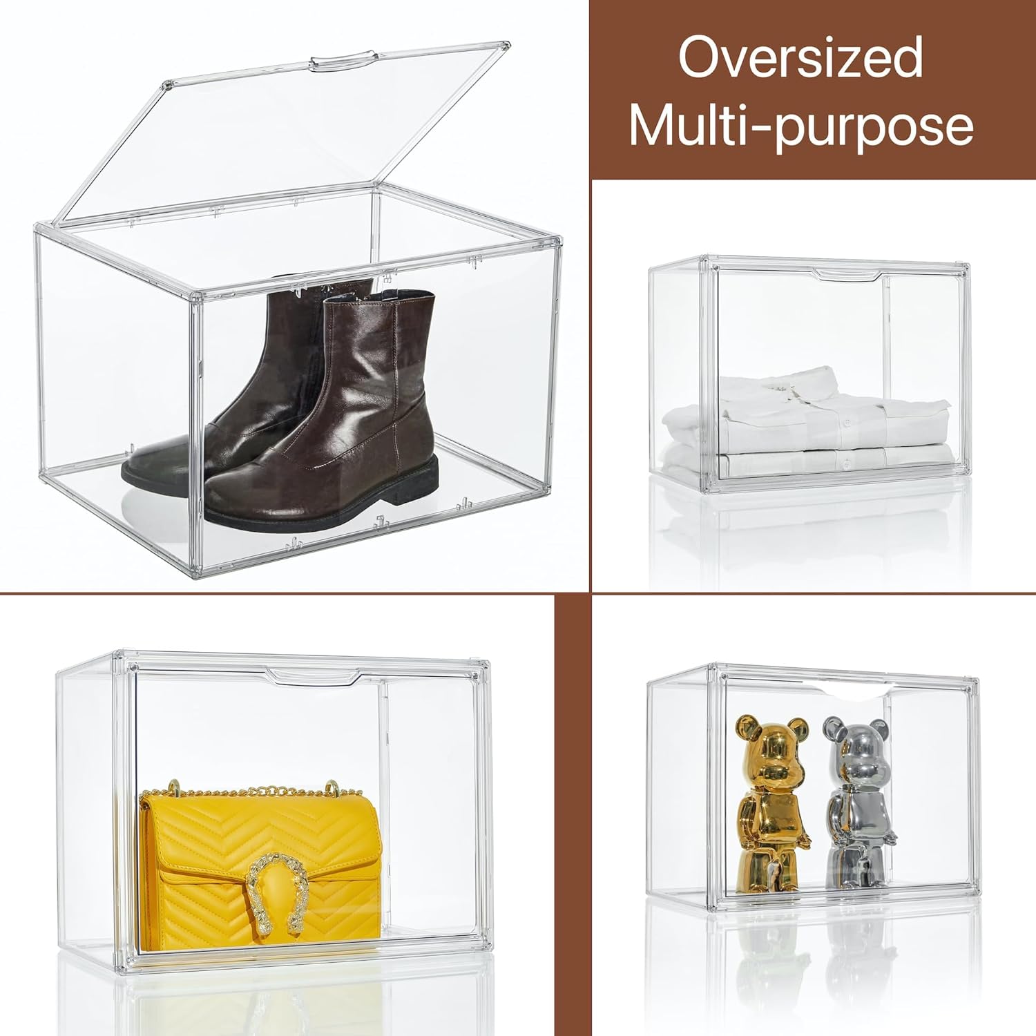 Wholesale OEM ODM Attelite XXX-Large Clear Display Case Stackable Plastic Storage Bins with Lid, 2 Tiers Boot Shoe Box Organizers with an Adjustable Divider, Big Acrylic Display Storage Box with Magnetic Door Factory & Supplier