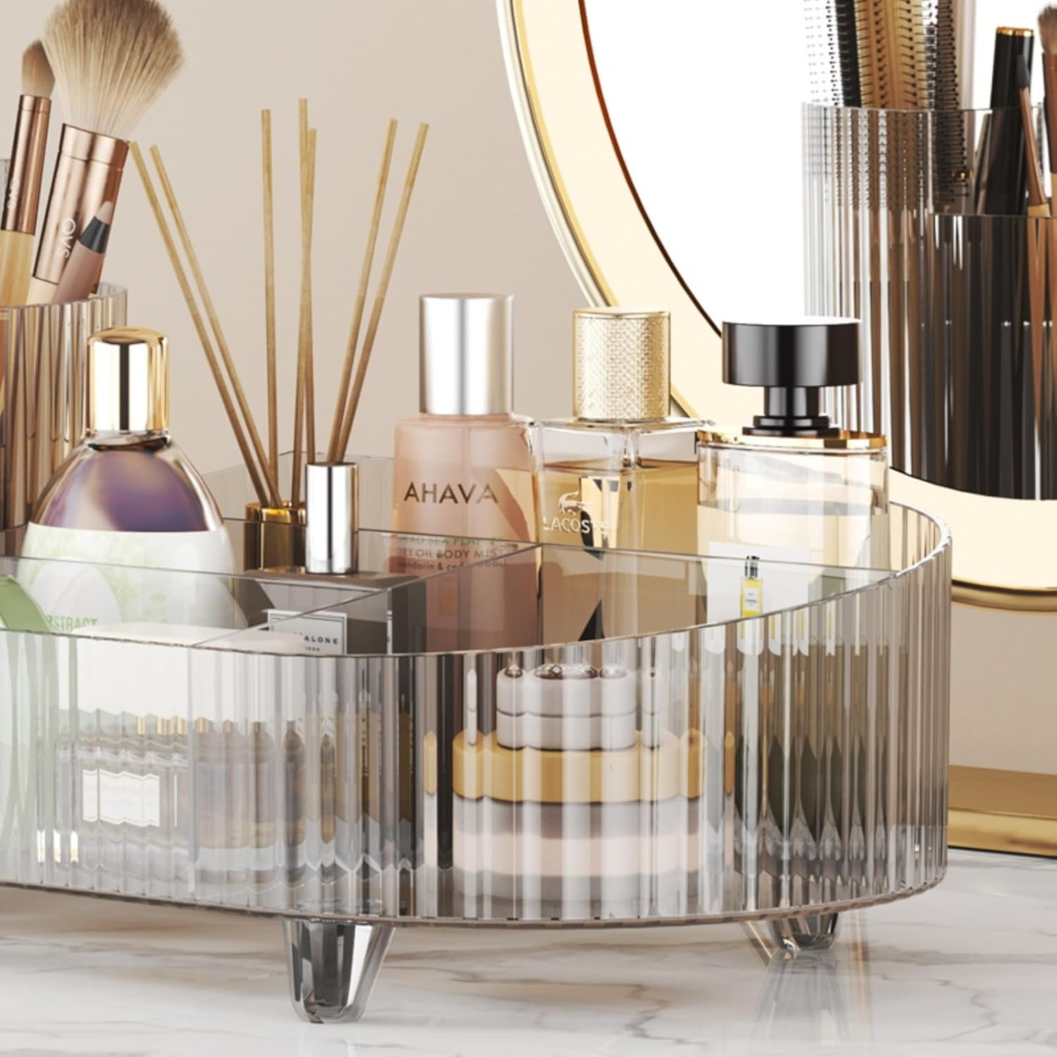 Private Label Rotating makeup organizer,Large Capacity Cosmetic Display Case, easy to hold all of your makeup products, at least 20 makeup brushes/eyeliner,10 lipsticks,8 skincare products(Crystal Clear) Factory Direct Price