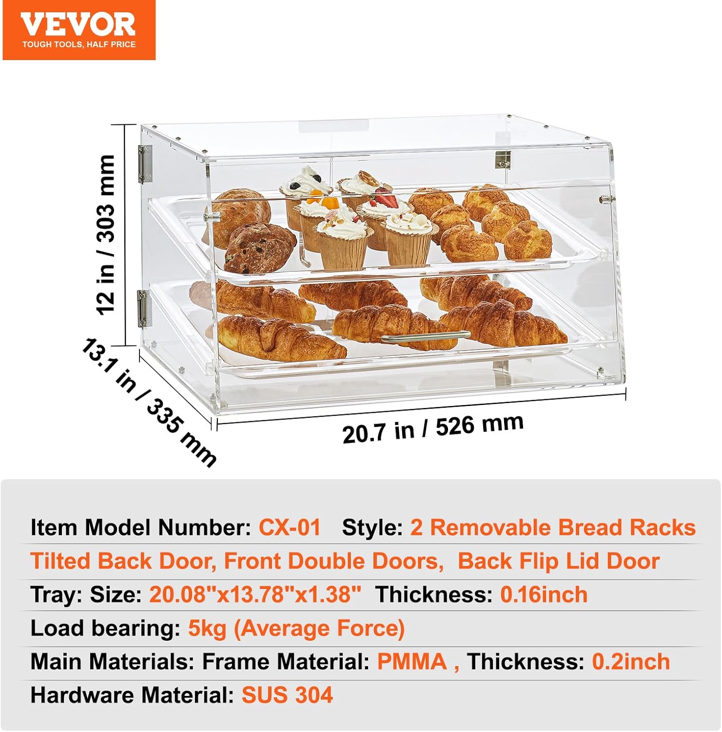 Wholesale OEM ODM VEVOR Pastry Display Case, 2-Tier Commercial Countertop Bakery Display Case, Acrylic Display Box with Rear Door Access & Removable Shelves, Keep Fresh for Donut Bagels Cake Cookie, 20.7"x13.2"x11.9" Factory & Supplier