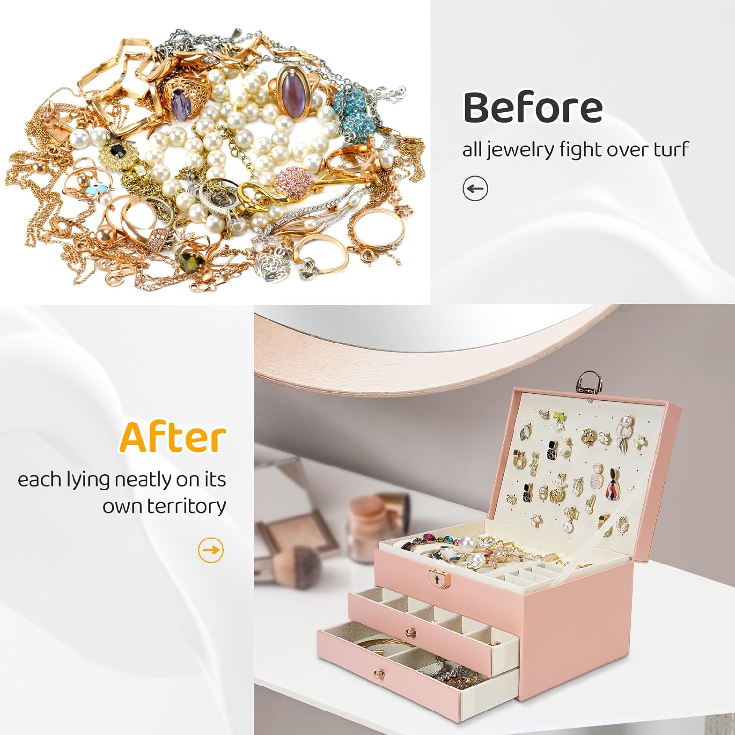 Direct Manufacturer 3-Layer Jewelry Box for Women, Jewelry Organizers and Storage with Removable Jewelry Tray, Vintage Quilted Top Lockable Jewelry Holder Gift Idea Pink Low MOQ
