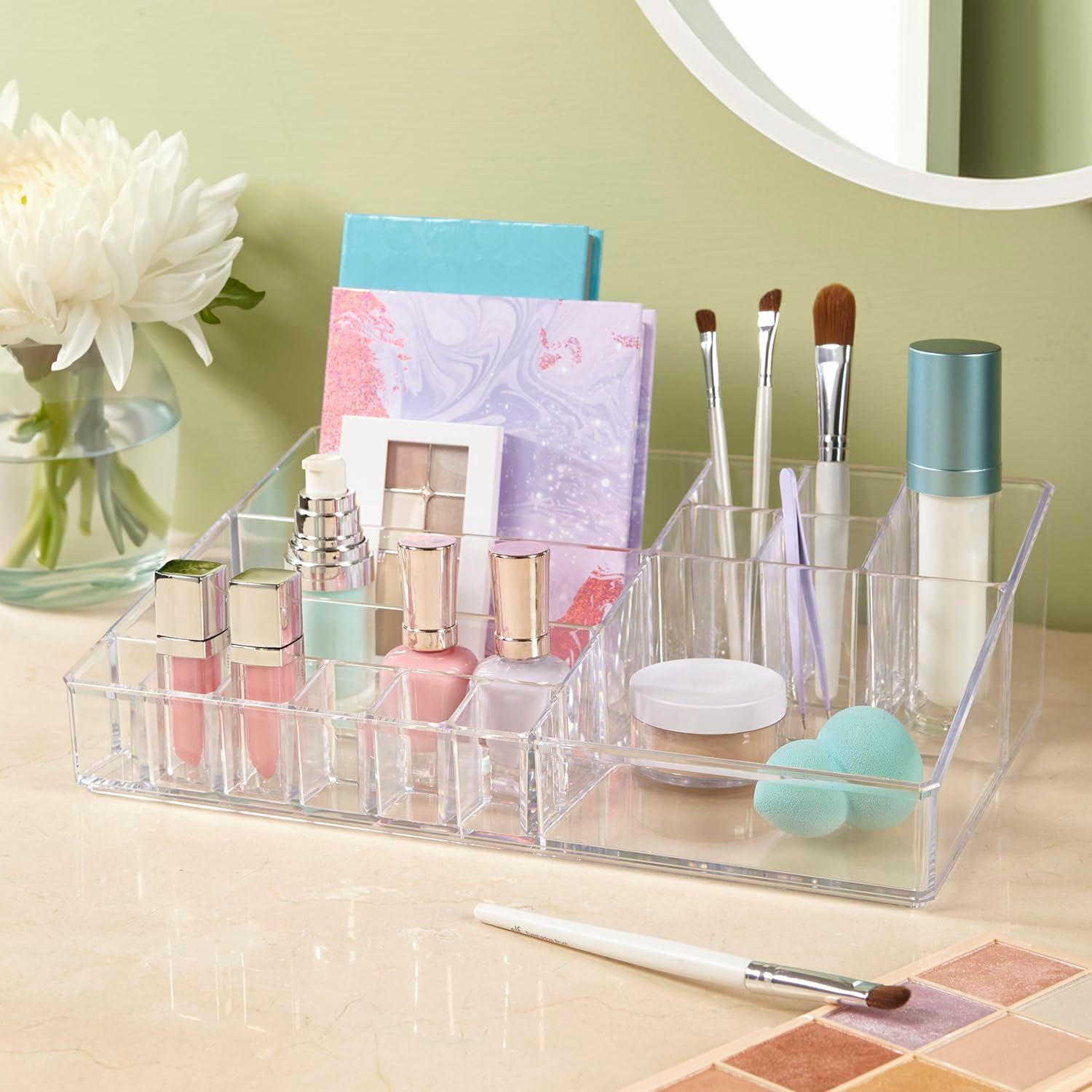 Private Label STORi Audrey Clear Vanity Makeup Organizer | 15-Compartment Holder for Brushes, Eyeshadow Palettes, & Beauty Supplies | Stacks on Audrey Storage Drawers | Made in USA Factory Direct Price