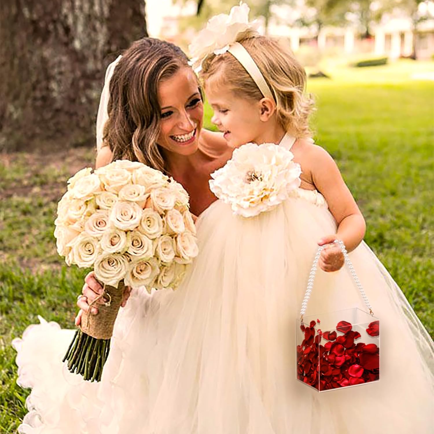 Private Label Flower Girl Basket Wedding Basket Petals basket with ribbon Acrylic Flower Holder for Confetti (Pearl) Wholesale Manufacturer