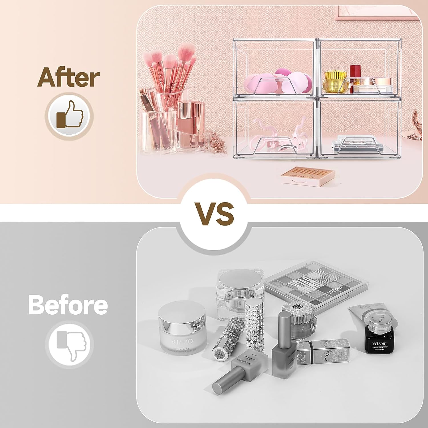 Private Label 4 Pack Stackable Organizer Drawers, 4.4" Tall Clear Bathroom Makeup Organizer and Storage, Acrylic Small Organizers Bins for Vanity, Undersink, Bathroom, Pantry, Kitchen Cabinets Custom Logo Service